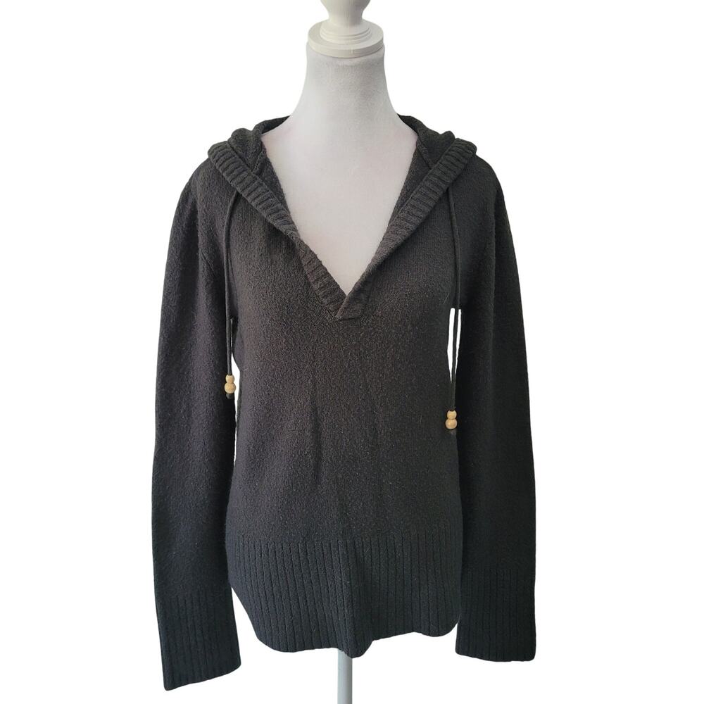 Roots 73 Size M Hooded V-Neck Knit Sweater Wood Bead Tie Drawstring Hem